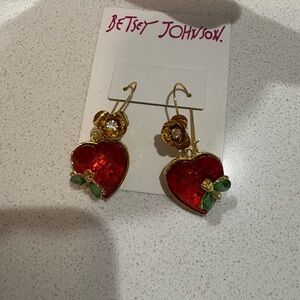 Betsey Johnson Red Heart Earrings with Gold and Green Butterflies NWOT